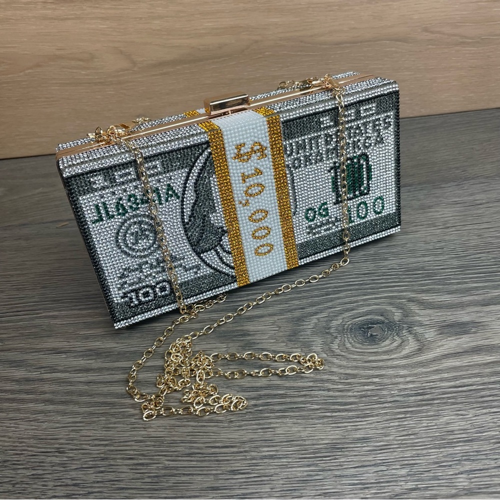 Glitter Money Clutch, Classic Dollar Style Bling Evening Purse NWB